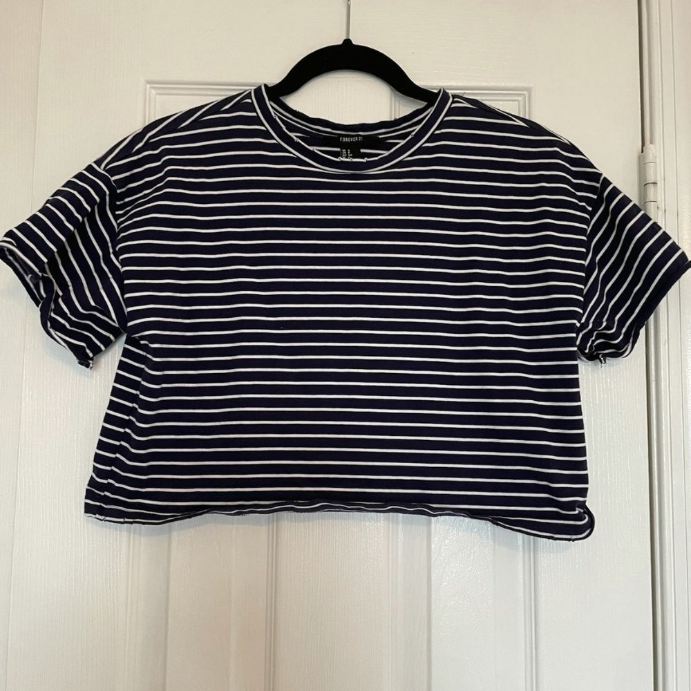 Forever 21 Striped Cropped Distressed T-Shirt